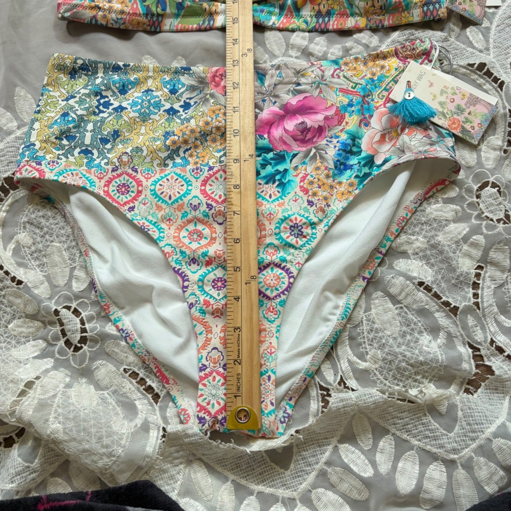 Johnny Was Pearce Bandeau Bikini Set High Waist Floral Patchwork Multi XL NEW - Picture 5 of 7